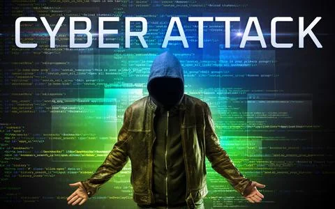 Faceless hacker on code background Stock Photos
