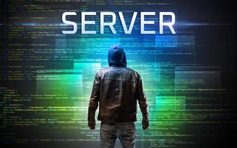 Faceless hacker on code background Foto stock