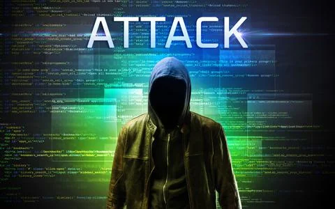 Faceless hacker on code background Foto stock