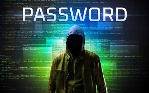 Faceless hacker on code background Stockfoto's