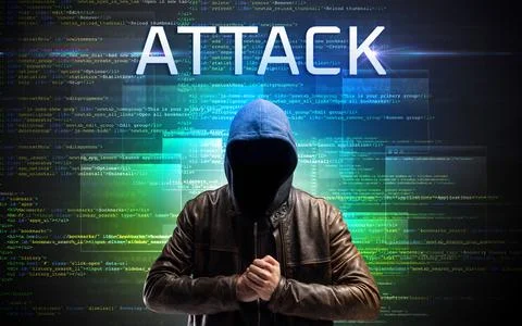 Faceless hacker on code background Foto stock