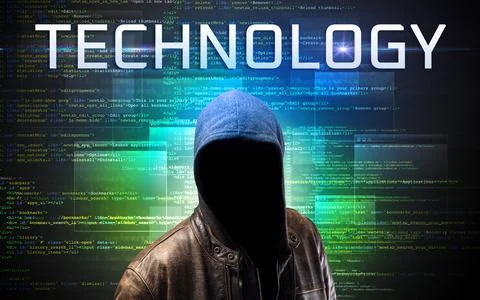 Faceless hacker on code background Stock Photos