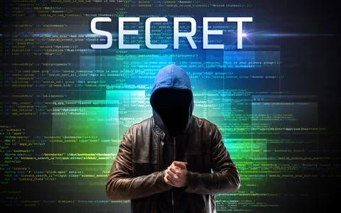 Faceless hacker on code background Foto stock