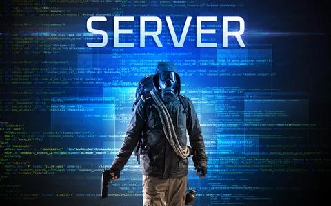 Faceless hacker on code background Foto stock