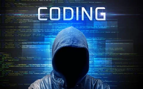 Faceless hacker on code background Foto stock