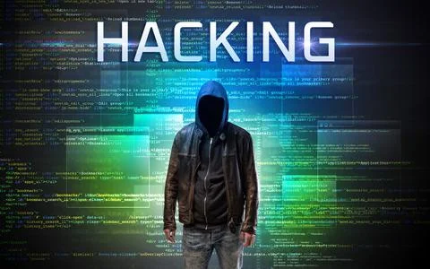 Faceless hacker on code background Stock Photos