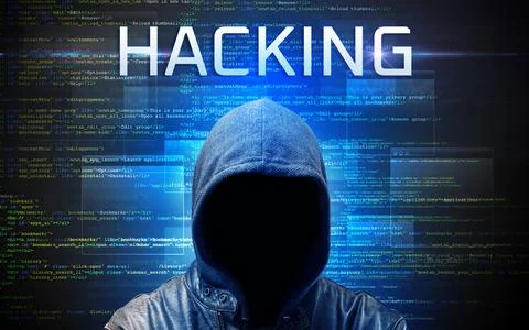 Faceless hacker on code background Foto stock