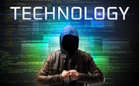 Faceless hacker on code background Stockfoto's