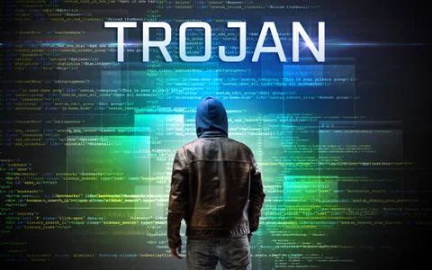 Faceless hacker on code background Stockfoto's