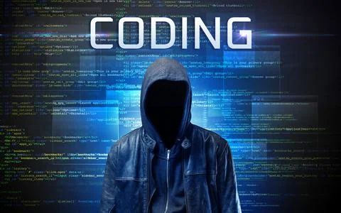 Faceless hacker on code background Foto stock