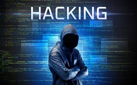 Faceless hacker on code background Stock Photos