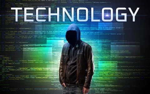 Faceless hacker on code background 스톡 사진