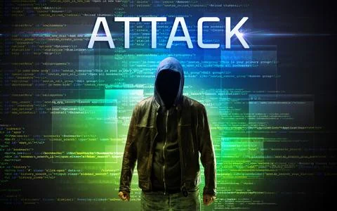 Faceless hacker on code background Foto stock