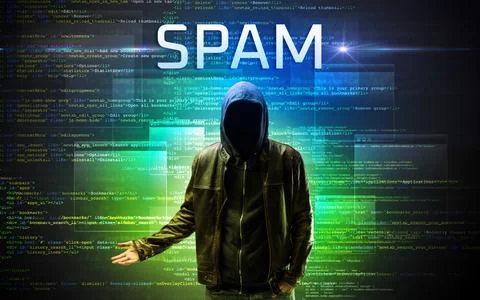Faceless hacker on code background Stockfoto's