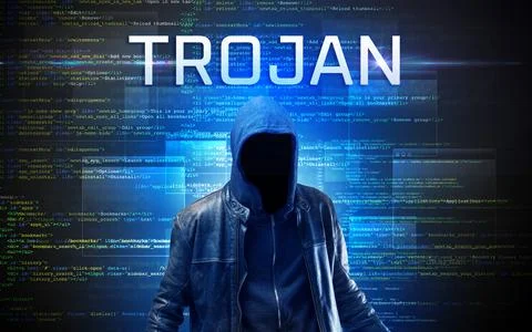 Faceless hacker on code background Stockfoto's