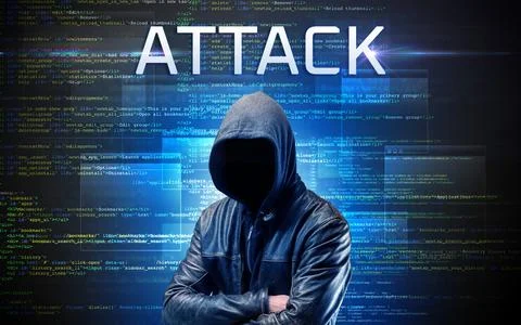 Faceless hacker on code background Foto stock
