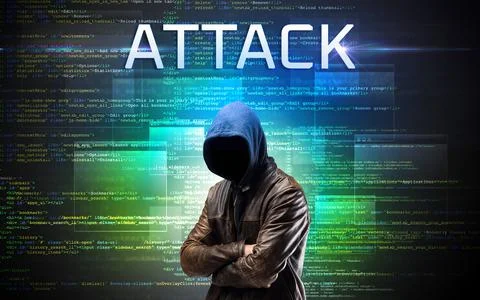 Faceless hacker on code background Foto stock