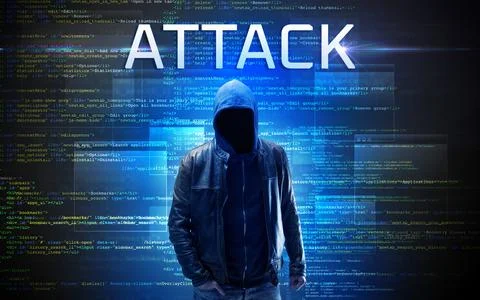 Faceless hacker on code background Foto stock
