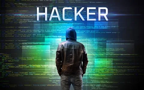 Faceless hacker on code background Stockfoto's