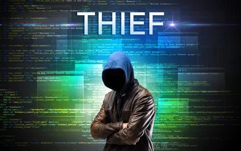 Faceless hacker on code background 스톡 사진