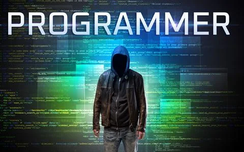 Faceless hacker on code background Foto stock