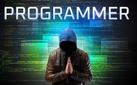 Faceless hacker on code background Foto stock