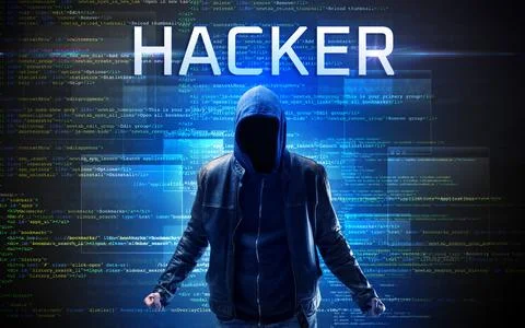 Faceless hacker on code background Foto stock