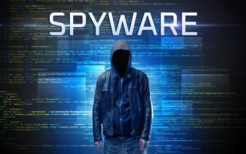 Faceless hacker on code background Stockfoto's