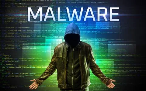 Faceless hacker on code background Foto stock