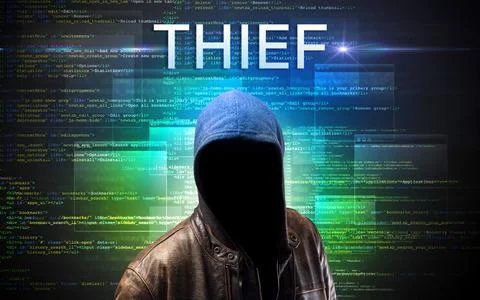 Faceless hacker on code background 스톡 사진