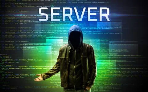 Faceless hacker on code background 스톡 사진