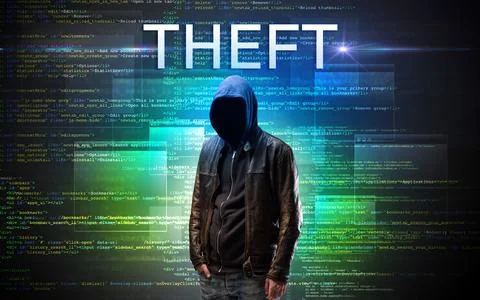 Faceless hacker on code background Stockfoto's