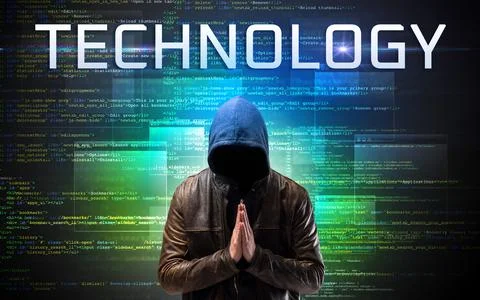 Faceless hacker on code background Foto stock