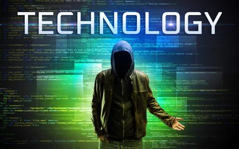 Faceless hacker on code background Stock Photos