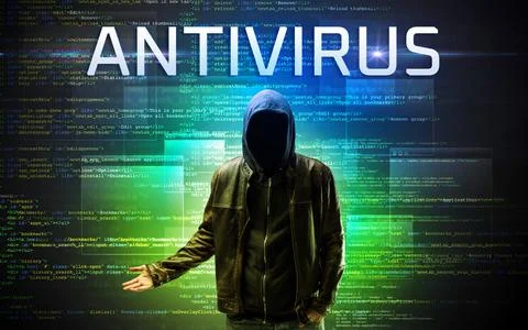 Faceless hacker on code background Stockfoto's
