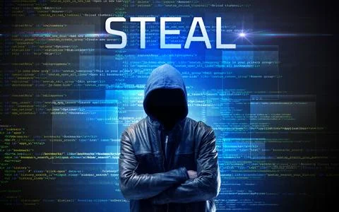 Faceless hacker on code background Stock Photos