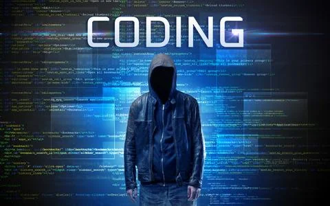 Faceless hacker on code background Stock Photos