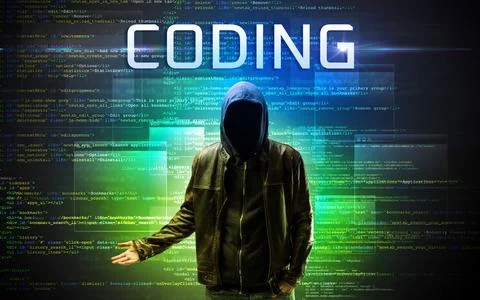 Faceless hacker on code background Foto stock