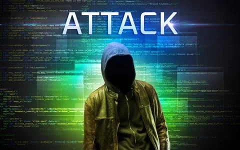 Faceless hacker on code background Foto stock