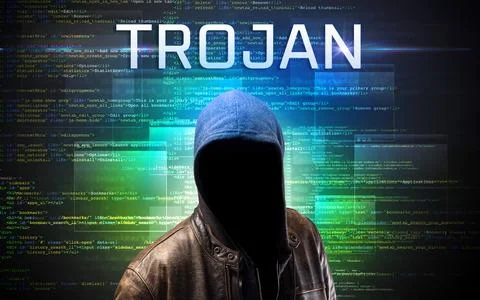 Faceless hacker on code background Stockfoto's