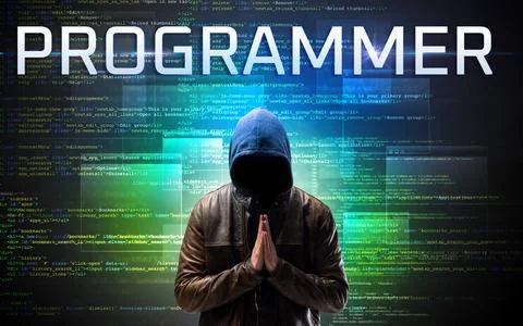 Faceless hacker on code background Stock Photos