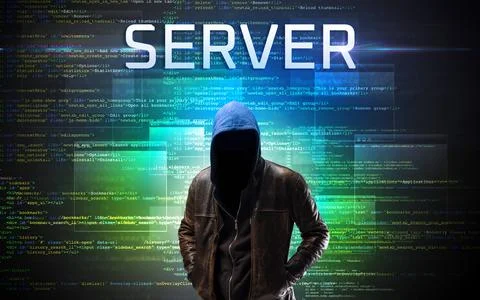 Faceless hacker on code background Stock Photos