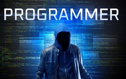 Faceless hacker on code background Stockfoto's