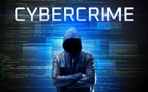 Faceless hacker on code background Foto stock