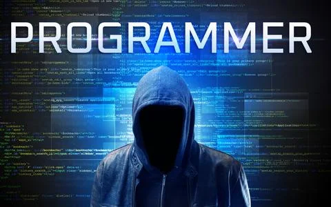 Faceless hacker on code background Stock Photos