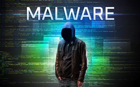 Faceless hacker on code background Stock Photos