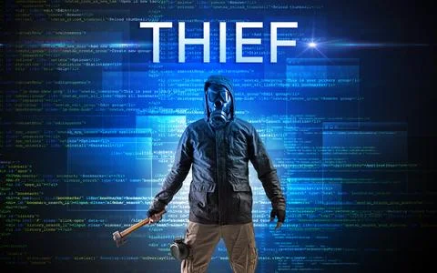 Faceless hacker on code background Foto stock