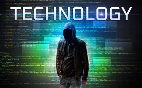 Faceless hacker on code background Stock Photos