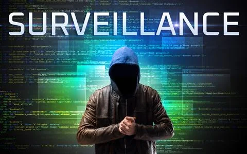 Faceless hacker on code background Stockfoto's