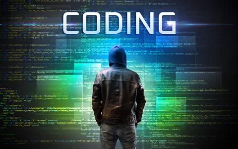 Faceless hacker on code background 스톡 사진